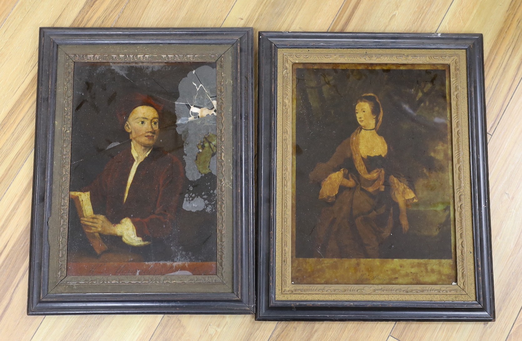 After Sir Joshua Reynolds, reverse print on glass, ‘Mrs Bonfoy’, 36 x 26cm and another damaged reverse print, ‘Alexander’